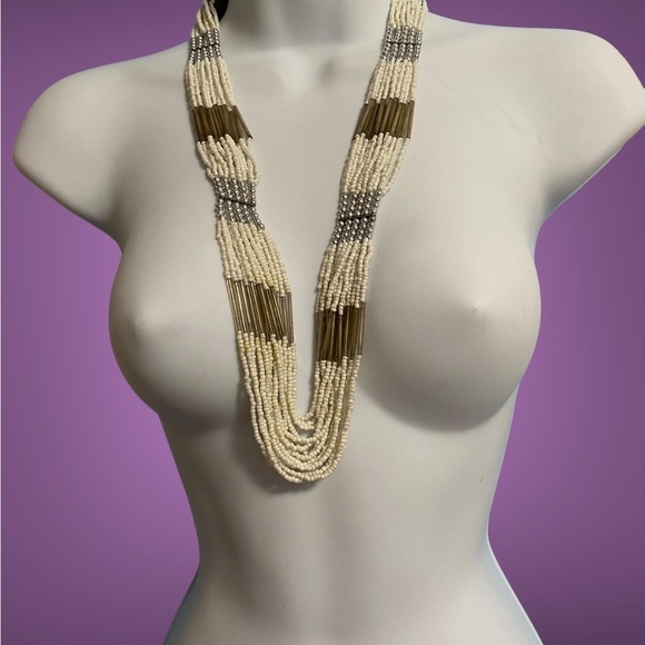 White Seed Beads & Silver Multi-Strand Necklace - Picture 2 of 6